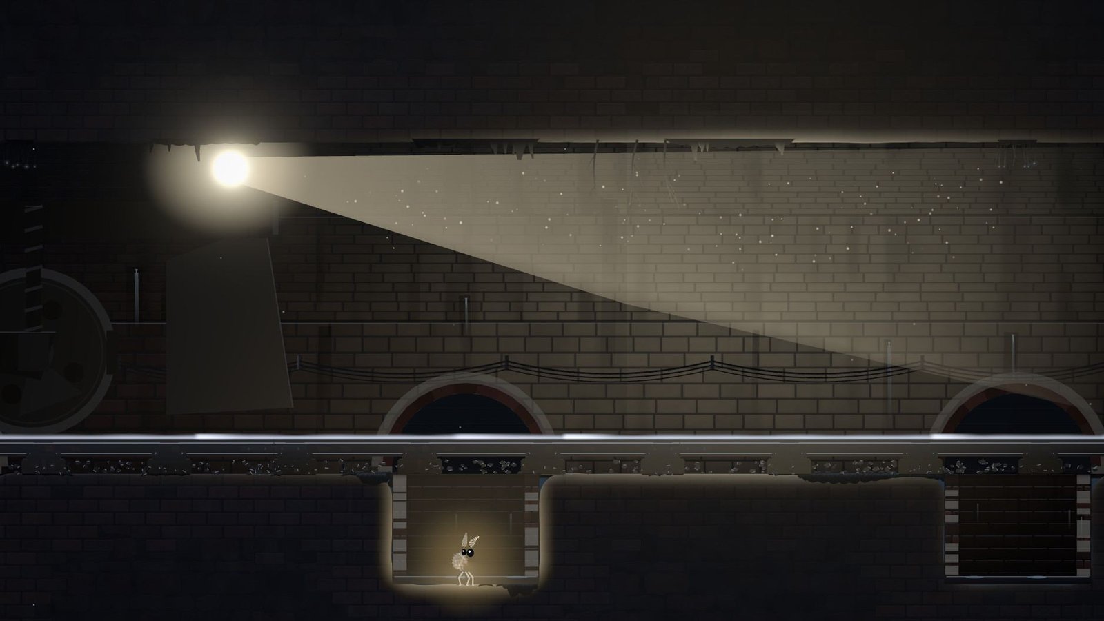 Inside a brick railway tunnel: a train’s headlamp throws a long beam along the wall, and the moth waits in a lit refuge under the track.