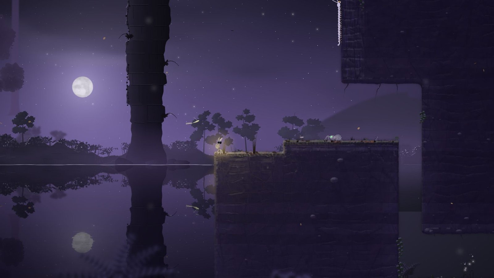 A flooded quarry at night, the moon and the cliffs mirrored in still water, the moth on a rock ledge.