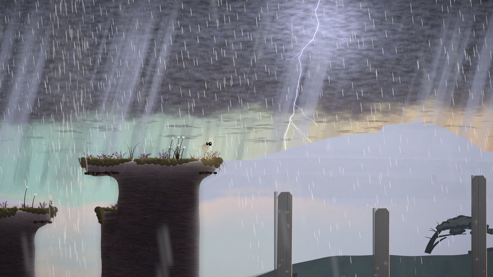 A thunderstorm on the moor: heavy rain, a fork of lightning over a far hill, old stone posts, and the moth on a rock ledge.